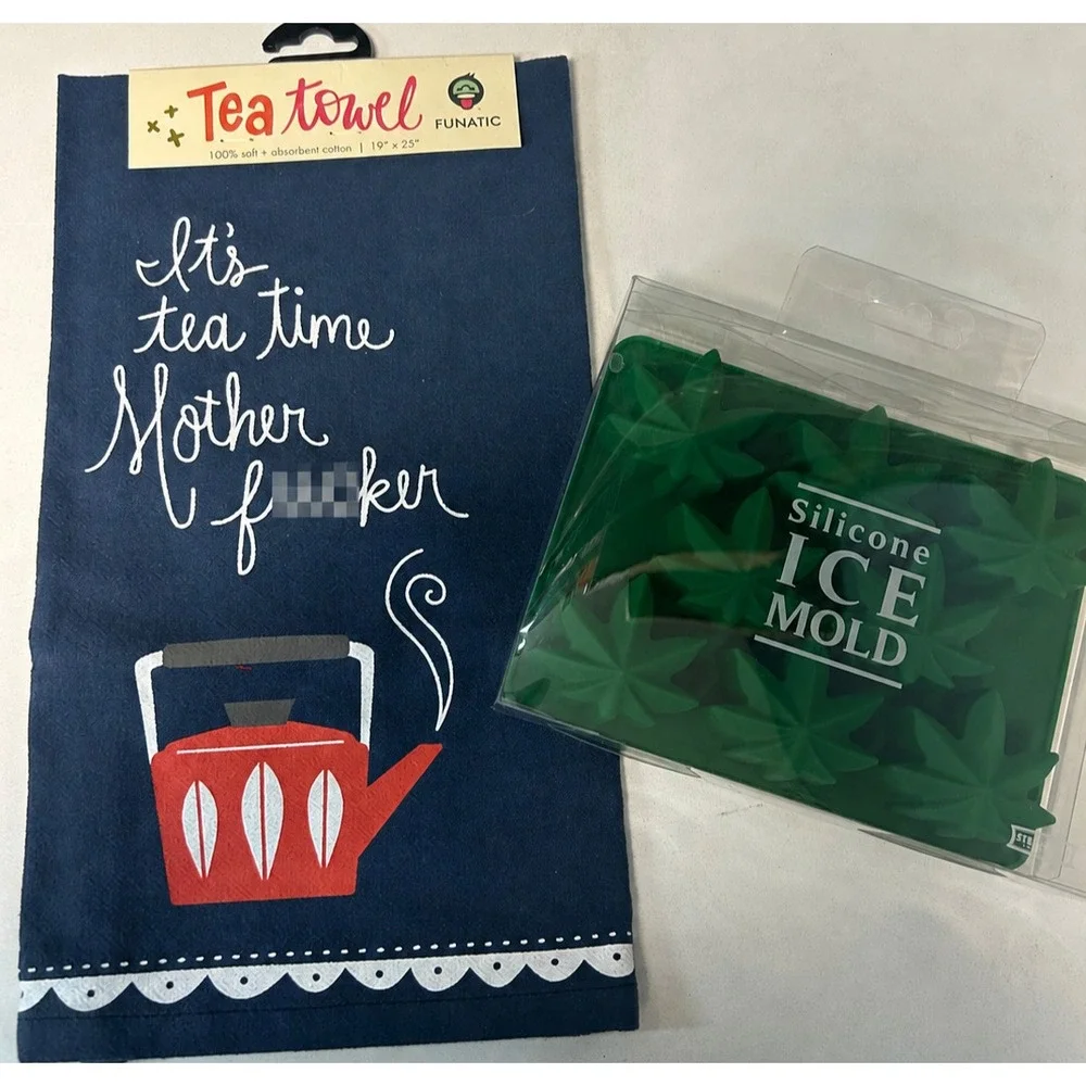 It's Tea Time Adult Humor Towel & Cannabis Leaf Silicone Ice Tray Gift Set